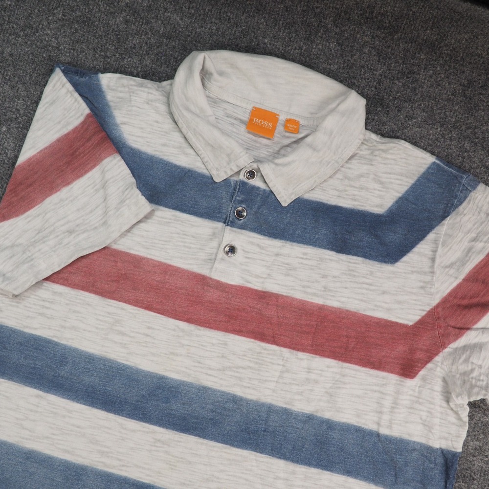 BOSS Hugo Boss Polo Shirt Mens L Orange Label Blue Red Striped Slub Knit Casual‎